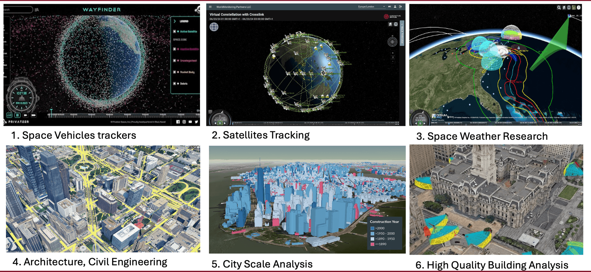 CesiumJS application examples showing various use cases in aerospace and geospatial visualization