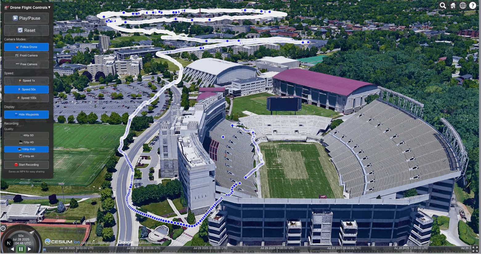 CesiumJS web application showing drone waypoint navigation over virtual campus
