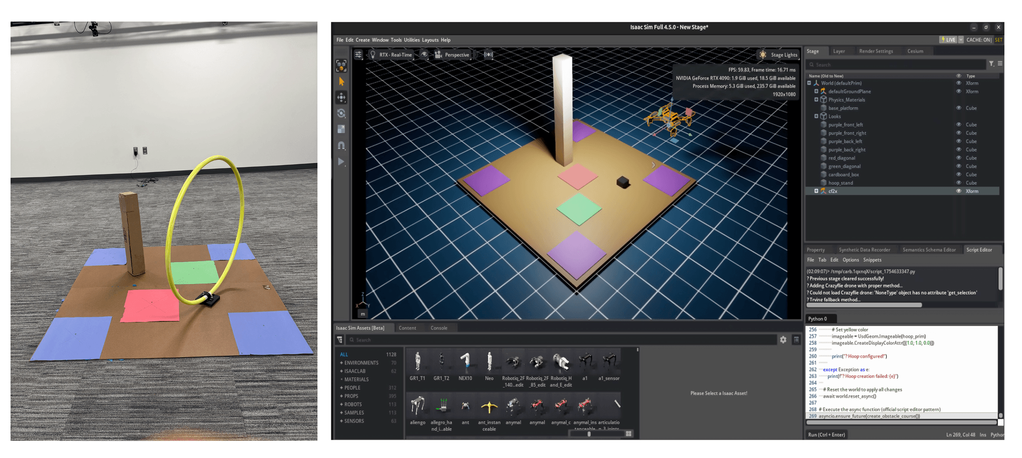 NVIDIA Isaac Sim obstacle course with color-tile navigation system